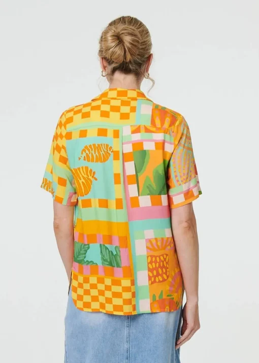 Izabel London Orange Patchwork Print Short Sleeve Boxy Shirt