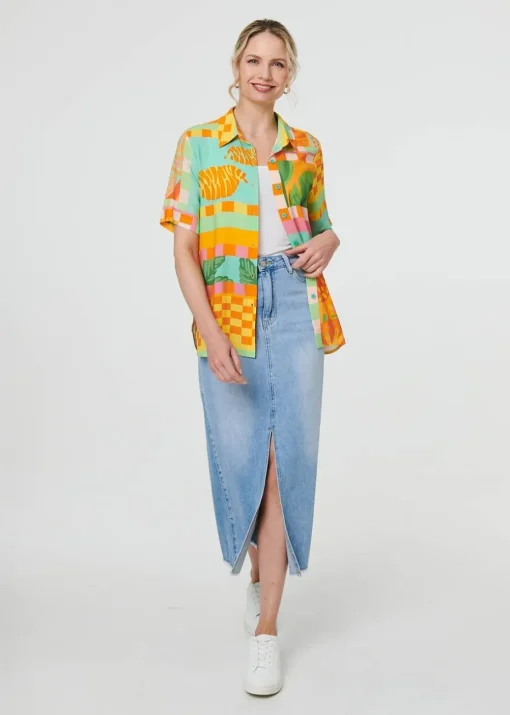 Izabel London Orange Patchwork Print Short Sleeve Boxy Shirt