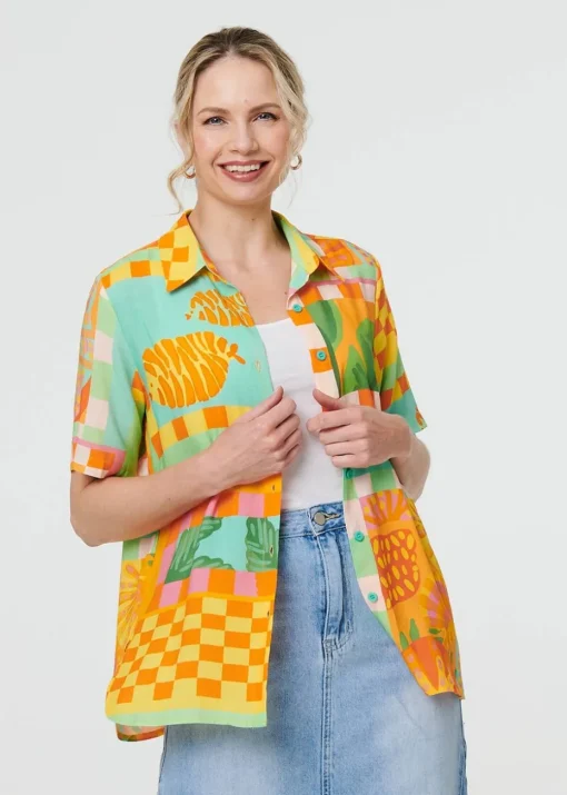 Izabel London Orange Patchwork Print Short Sleeve Boxy Shirt