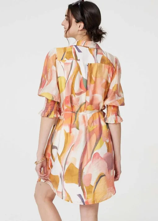 Izabel London Orange Printed 3/4 Puff Sleeve Shirt Dress