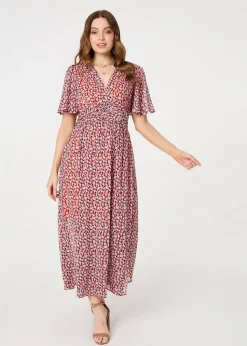 Izabel London Orange Printed 1/2 Sleeve Ruched Midi Dress