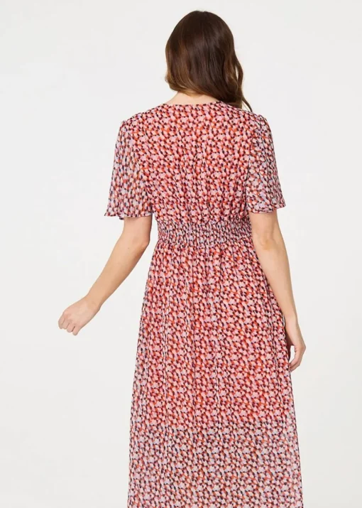Izabel London Orange Printed 1/2 Sleeve Ruched Midi Dress
