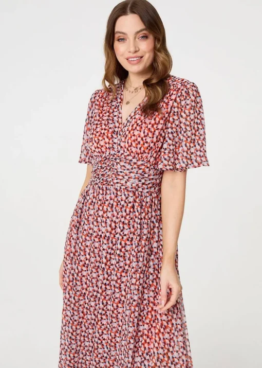 Izabel London Orange Printed 1/2 Sleeve Ruched Midi Dress