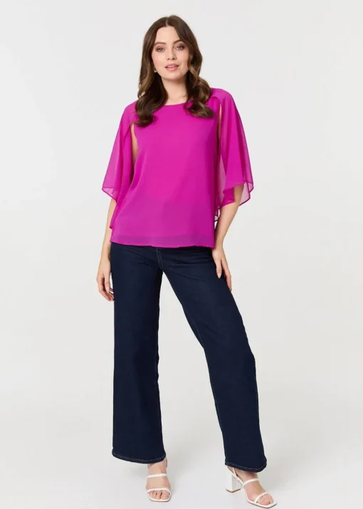 Izabel London Orchid Semi Sheer Cut Out 3/4 Sleeve Blouse