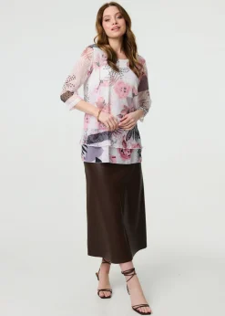 Izabel London Pink Abstract Print Mesh Layer Tunic