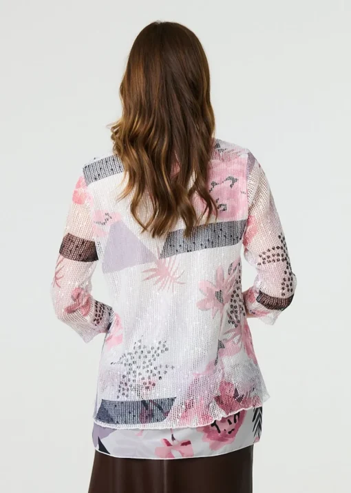 Izabel London Pink Abstract Print Mesh Layer Tunic