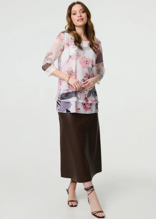 Izabel London Pink Abstract Print Mesh Layer Tunic