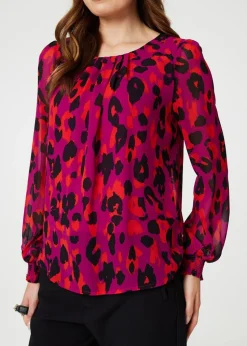 Izabel London Pink Animal Print Long Sleeve Ruched Blouse