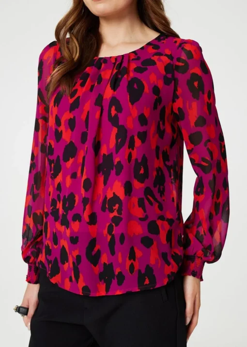 Izabel London Pink Animal Print Long Sleeve Ruched Blouse