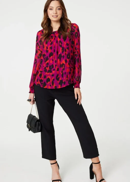 Izabel London Pink Animal Print Long Sleeve Ruched Blouse