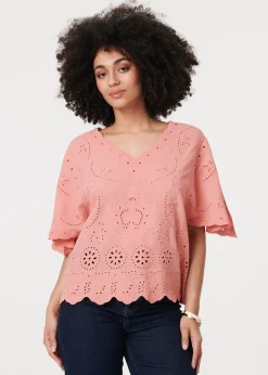 Izabel London Pink Broderie Anglaise Angel Sleeve Blouse