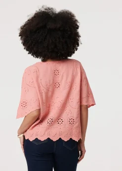 Izabel London Pink Broderie Anglaise Angel Sleeve Blouse