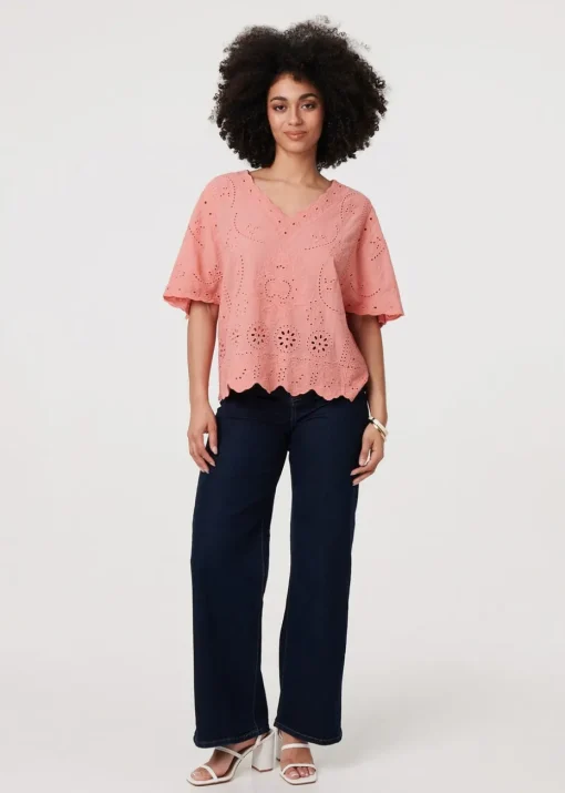 Izabel London Pink Broderie Anglaise Angel Sleeve Blouse