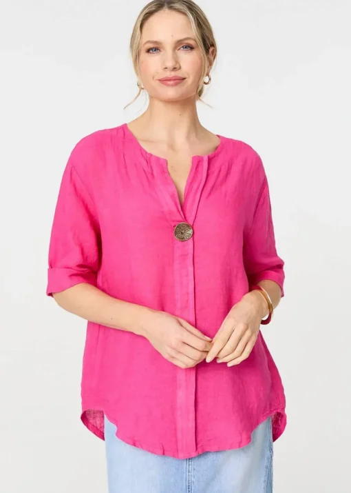 Izabel London Pink Button Detail V-Neck Blouse