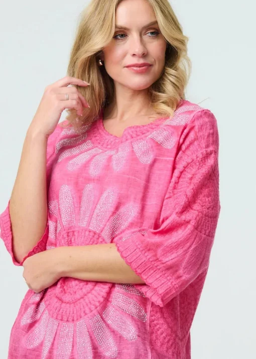 Izabel London Pink Floral Diamante Stud 3/4 Sleeve Knit Top