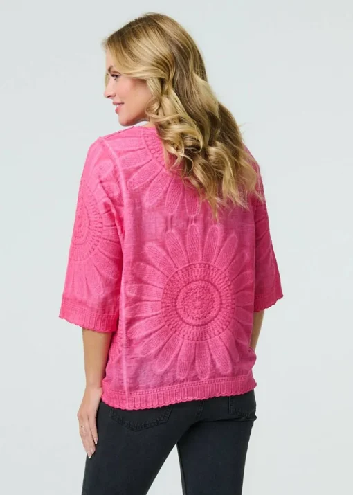Izabel London Pink Floral Diamante Stud 3/4 Sleeve Knit Top