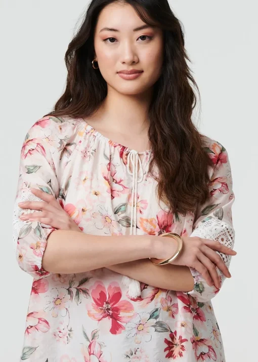 Izabel London Pink Floral Lace Trim Bardot Neck Blouse