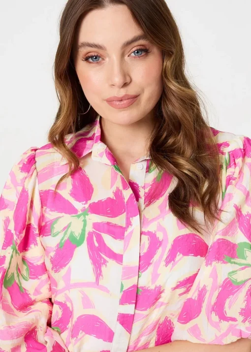 Izabel London Pink Floral Puff Sleeve Collared Shirt