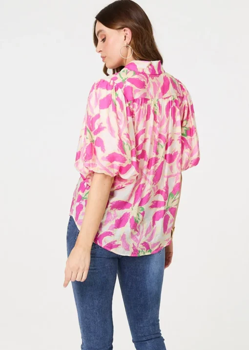 Izabel London Pink Floral Puff Sleeve Collared Shirt