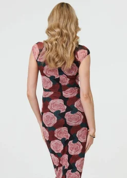 Izabel London Pink Floral Semi Sheer Cap Sleeve Midi Dress