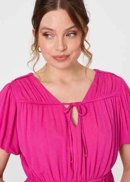 Izabel London Pink Ruched Short Puff Sleeve Peplum Blouse