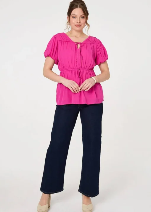 Izabel London Pink Ruched Short Puff Sleeve Peplum Blouse