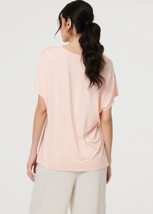Izabel London Pink Sparkly Feather Print Relaxed T-Shirt
