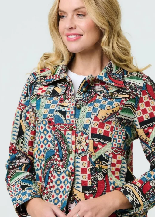 Izabel London Red Abstract Print Cropped Collared Jacket