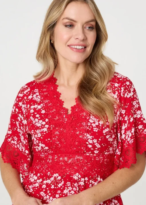 Izabel London Red Floral Lace Trim 1/2 Sleeve Mini Dress