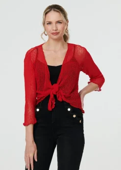 Izabel London Red Sheer 3/4 Sleeve Open Front Cardigan