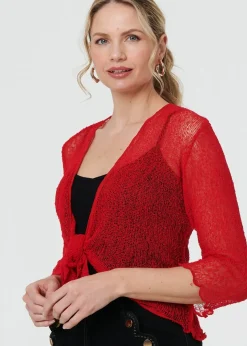 Izabel London Red Sheer 3/4 Sleeve Open Front Cardigan