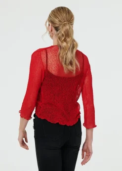 Izabel London Red Sheer 3/4 Sleeve Open Front Cardigan