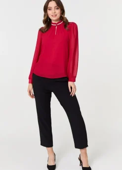 Izabel London Red Sparkle Trim High Neck Semi Sheer Blouse