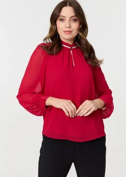 Izabel London Red Sparkle Trim High Neck Semi Sheer Blouse