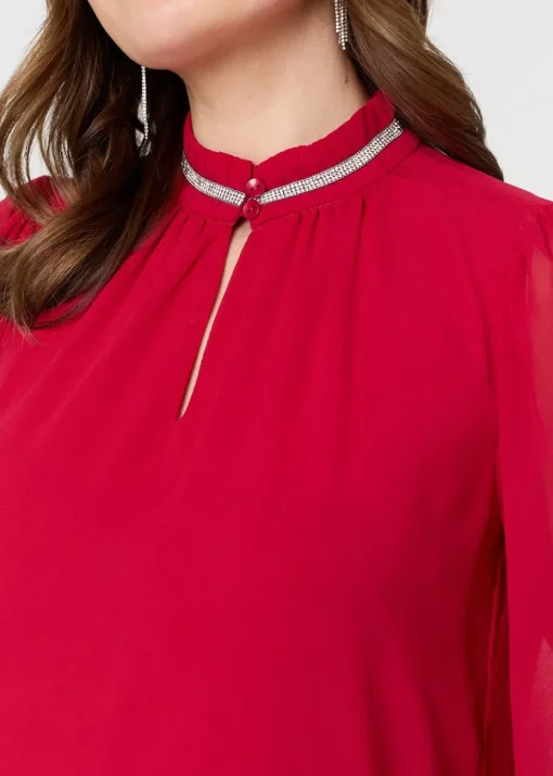 Izabel London Red Sparkle Trim High Neck Semi Sheer Blouse