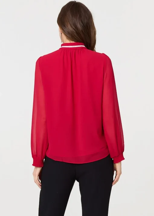 Izabel London Red Sparkle Trim High Neck Semi Sheer Blouse