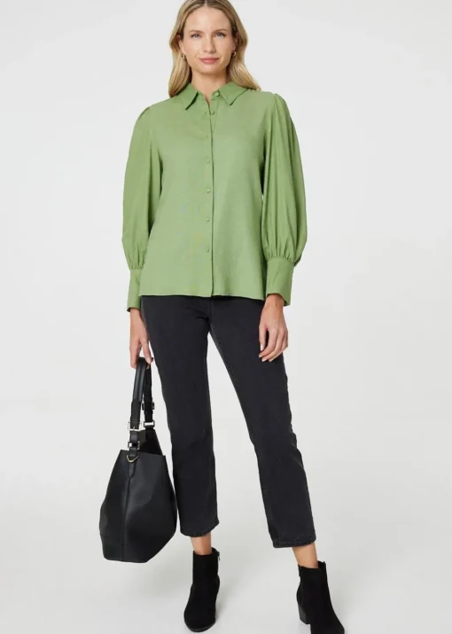 Izabel London Sage Plain Puff Sleeve Button-Up Shirt