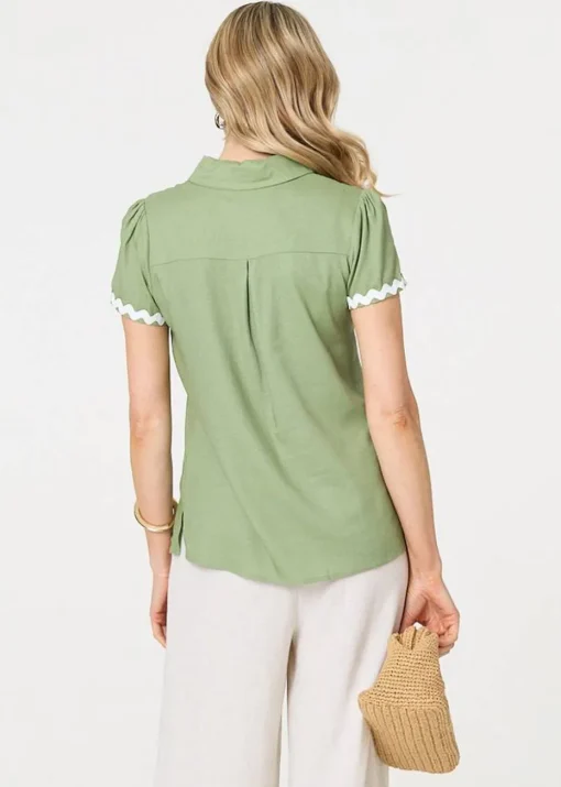 Izabel London Sage Zig Zag Trim Short Sleeve Shirt