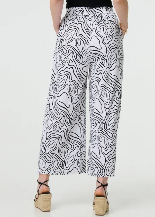 Izabel London White Abstract Print High Waist Wide Leg Trousers