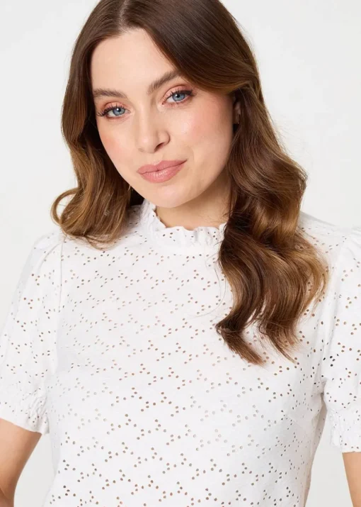 Izabel London White Lace Texture Frilled Short Sleeve Blouse