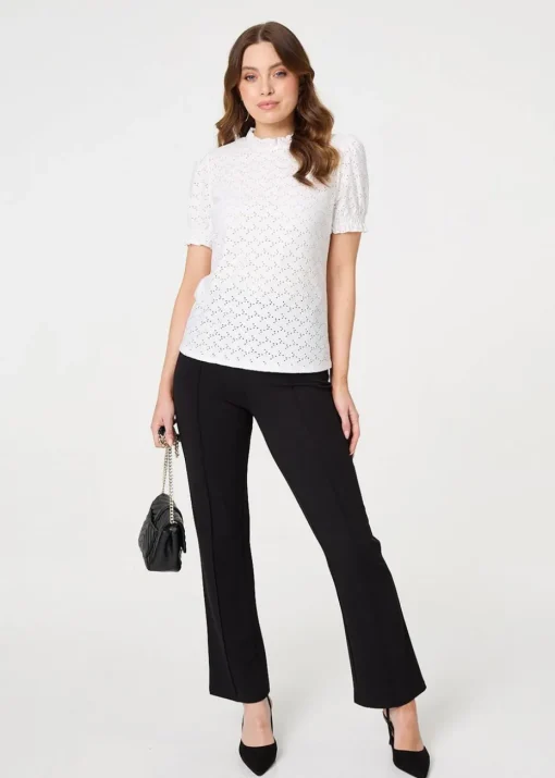 Izabel London White Lace Texture Frilled Short Sleeve Blouse