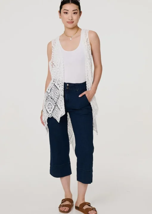 Izabel London White Lace Open Front High Low Cardigan