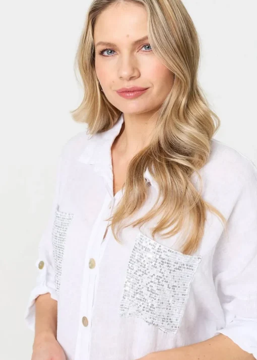 Izabel London White Sequin Detail 3/4 Turn-Up Sleeve Shirt