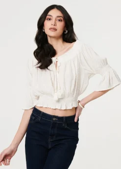 Izabel London White Textured Bardot Ruched Crop Top