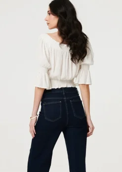 Izabel London White Textured Bardot Ruched Crop Top
