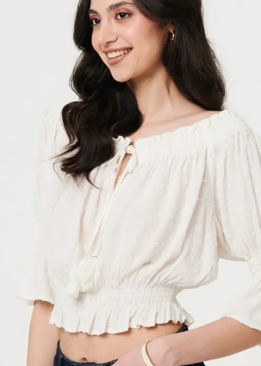 Izabel London White Textured Bardot Ruched Crop Top