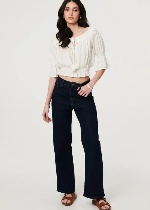 Izabel London White Textured Bardot Ruched Crop Top