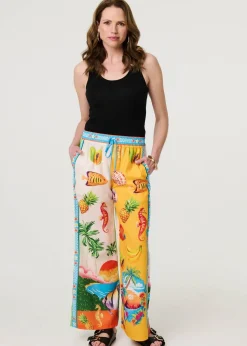 Izabel London White Tropical Print Wide Leg Trousers