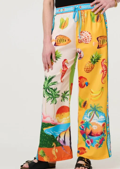 Izabel London White Tropical Print Wide Leg Trousers