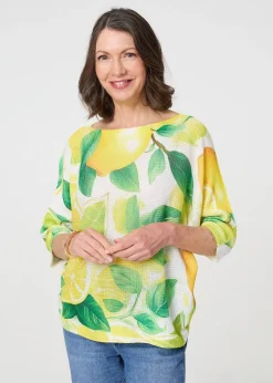 Izabel London Yellow Leaf Print 3/4 Sleeve Knit Texture Top